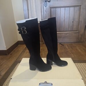 VENUS Black Over-The-Knee Buckle Block Heel Boots